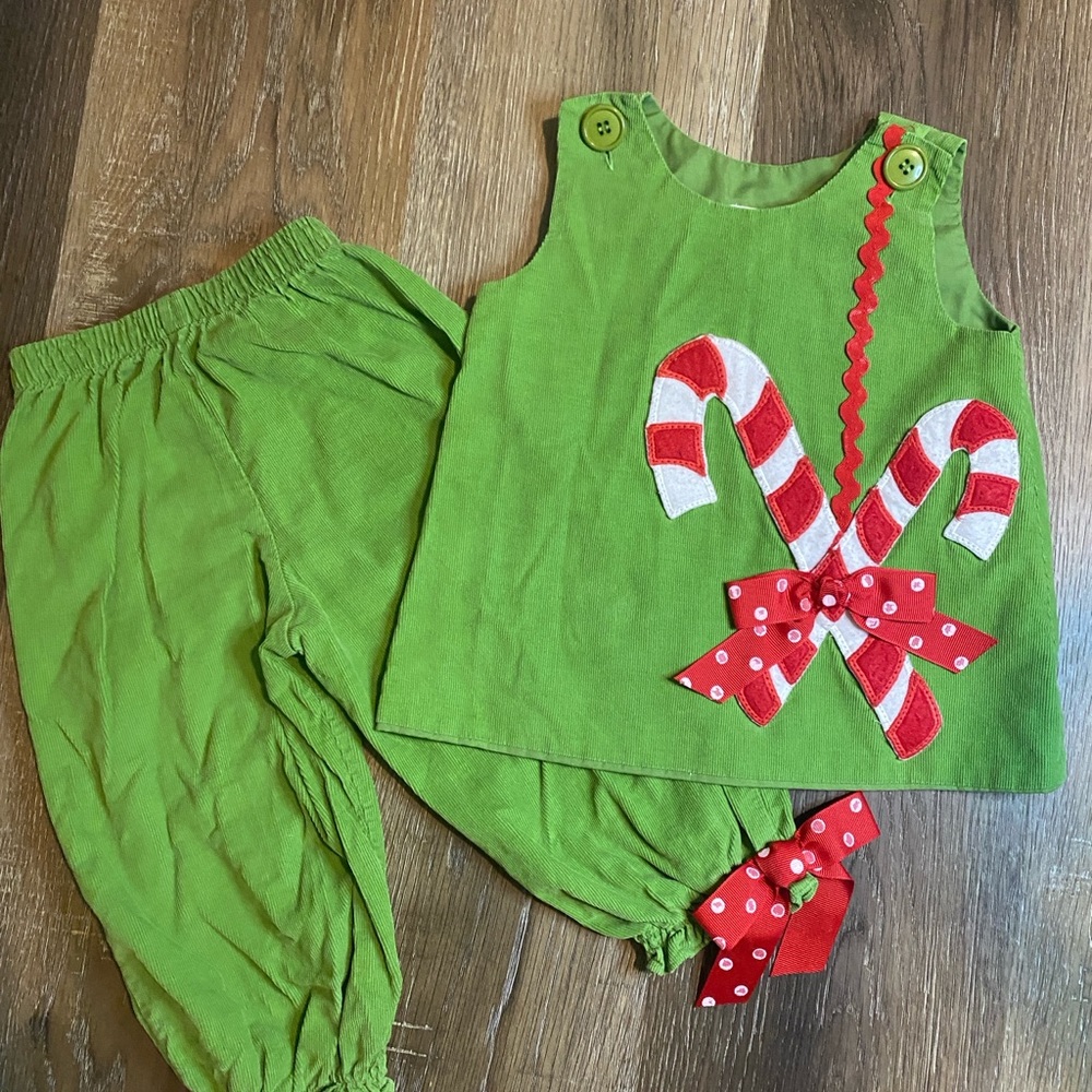 Green Corduroy Set with Candy Cane Applique